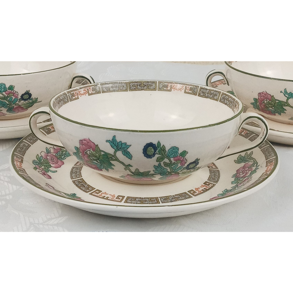 Regal Ware RPCo Two Handled Bouillon Cup & Saucer Set Floral Design w/ Gold Trim